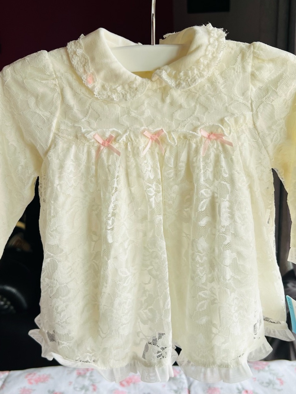 Classic Lace Baby Top with Pink Bows - Cream